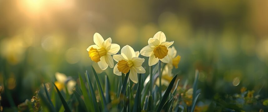 Close-up of yellow narcissus blossoms against a soft, blurred natural setting