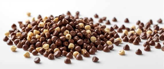 Naklejka premium Pile of chocolate chips morsels or drops on a plain white backdrop