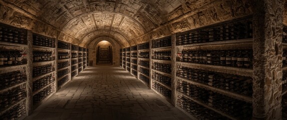 Naklejka premium Inside an old wine cellar, a long illuminated corridor lined with symmetrical stone shelves holding dusty vintage wine bottles, creating a historic and mysterious setting