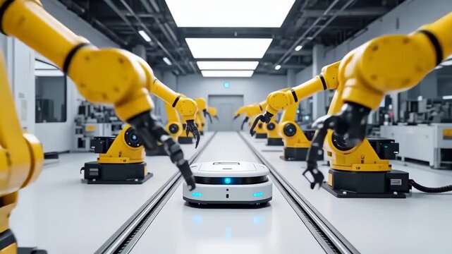 Industrial Robotic Arms and AGV Working in High-Tech Assembly Line