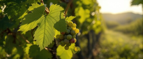 Naklejka premium Sunlit veins on a grape leaf against a blurred backdrop, including grape mustache and vine elements