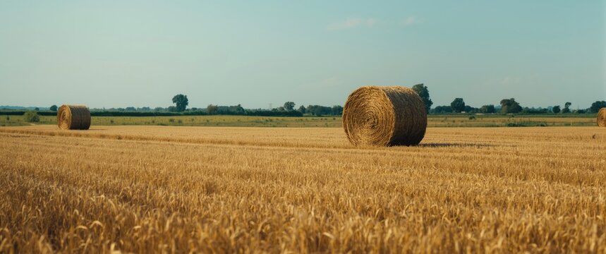 Cereal plant harvest scene with straw rolls and round bales of stover in an agricultural landscape, emphasizing nature, grass, organic farming, and yellow tones