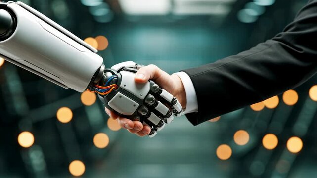 Human and Robot Handshake Representing AI Business Collaboration