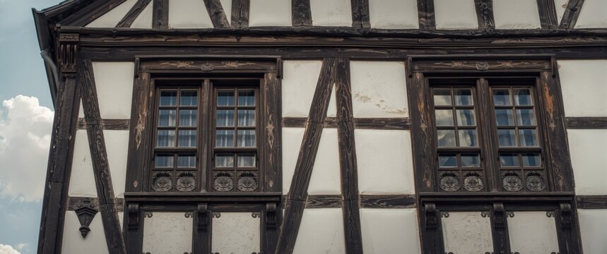Weser Renaissance architecture: Windows of a medieval half-timbered house in Celle, Germany