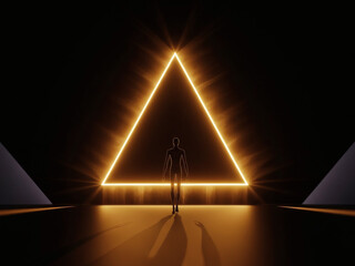Silhouette Of A Solitary Figure Walking Toward A Glowing Golden Triangle In A Dark Minimalist Space