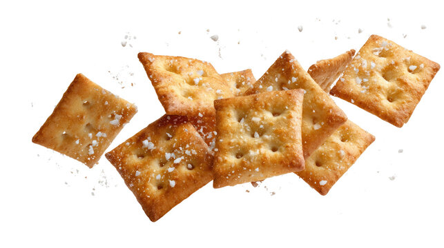 Flying square salty crackers mid air with crispy texture snack concept dynamic food motion isolated on white background