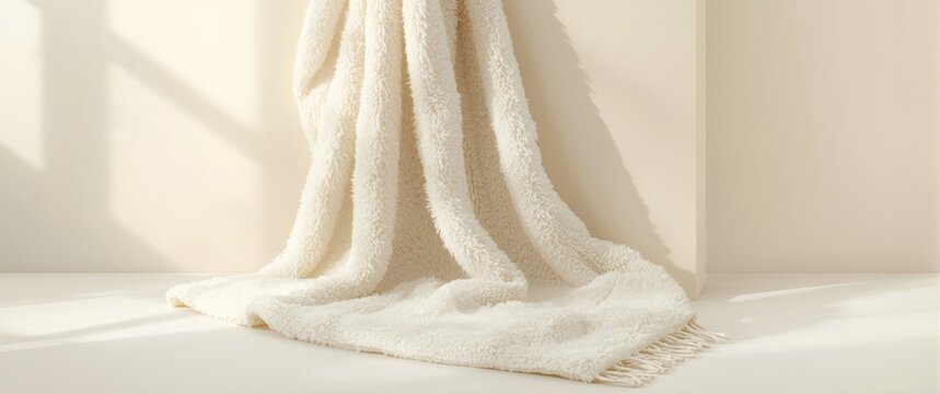 Soft white background with plush fabric and cozy plaid, textured with fleecy blanket details