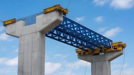A blue metal bridge girder being constructed between two concrete pillars under a clear blue sky