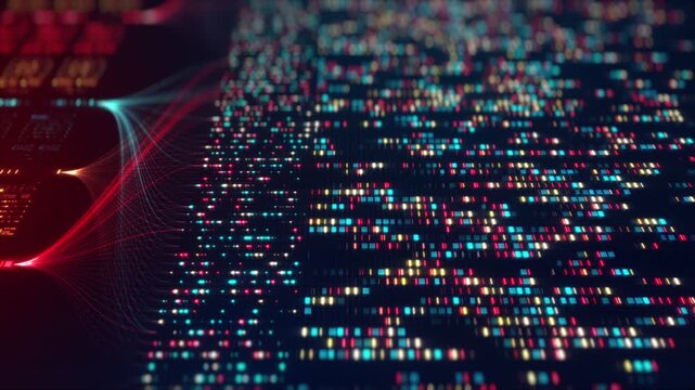 Neural Network Big Data Flow Visualization, Binary Code Matrix, AI Machine Learning Abstract Background, Quantum Computing, Cyber Security, Futuristic Technology Artificial Intelligence Digital Grid