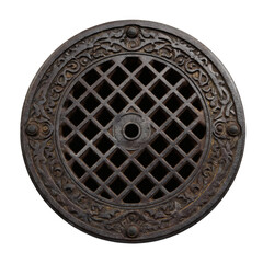 An Ornate Circular Cast Iron Floor Grate Featuring A Central Diamond Lattice Pattern Surrounded By Decorative Floral Filigree