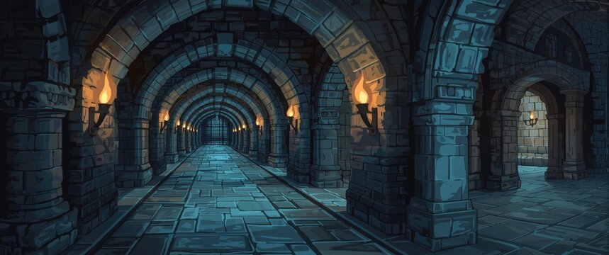 Medieval castle dungeon corridor with torches, interior of an ancient Palace showcasing stone arches, 2D illustrated artwork