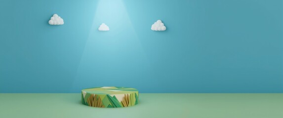 Fototapeta premium Children's products displayed on a geometric 3D nature-themed podium with a blue backdrop