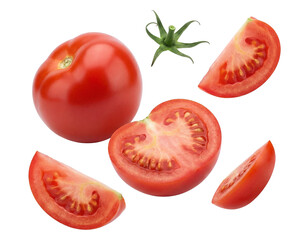 fresh red tomatoes and tomato slices on a transparent background, isolated, studio shot, healthy food ingredients for cooking and salads, top view. © Ly