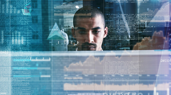 Hologram, data and man with coding in office with software script, system update and debugging. Night, programmer or UI dashboard with overlay for testing security, app maintenance or troubleshooting