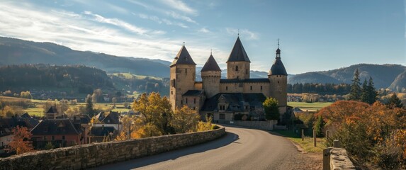 Obraz premium Eguisheim's Three Castles Near Hohlandsbourg Castle in Eastern France: A Travel and Nature Destination Featuring Wine, Cityscapes, Landscapes, Roads, Buildings, Sun, Autumn, and Mountains