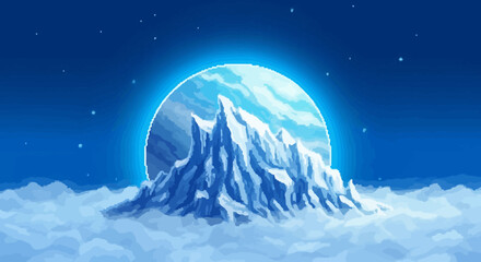 Obraz premium Majestic mountain peak rising above clouds under a full moon in a serene night sky viewed from a distance