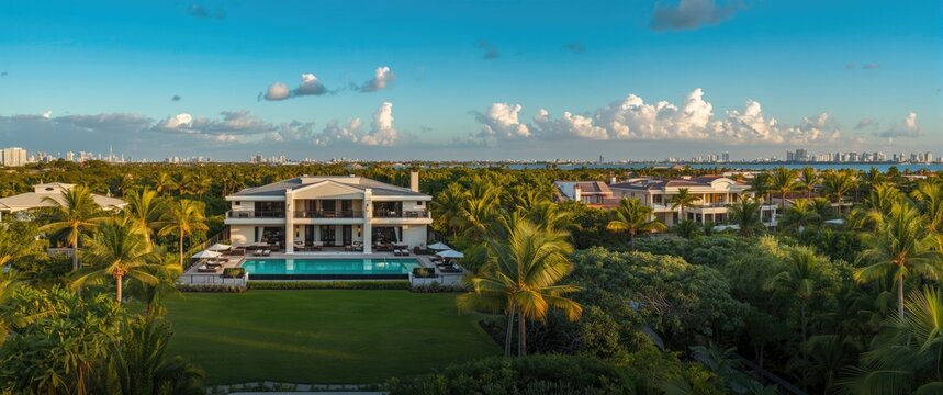 Aerial view of Miami mansion featuring a pool