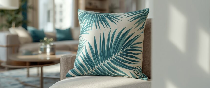 Styled cover with leaf design on decorative square floral sofa cushion in close-up