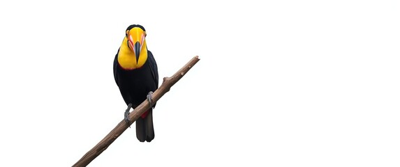 Obraz premium Ramphastos toco Toucan sitting on a branch looking directly at you isolated on white