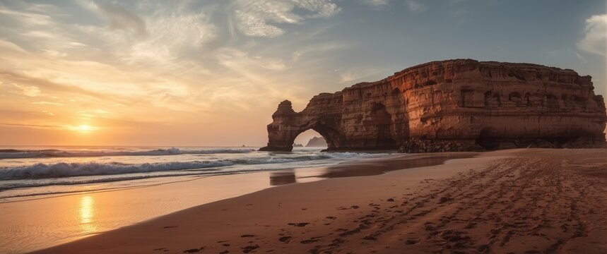 Legzira Beach landscape showcasing its natural arches on Morocco's Atlantic coastline in Sidi Ifni close to Agadir