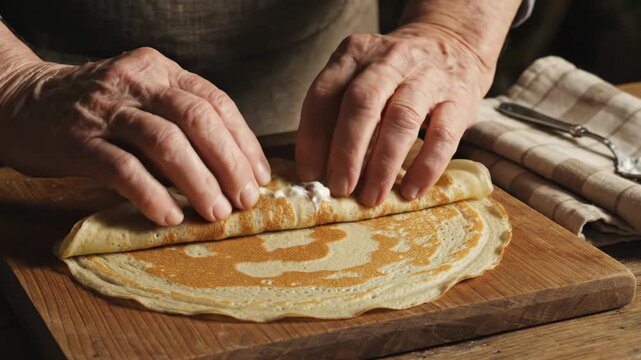 Chef skillfully folds a delicious crepe with creamy filling on wooden board.