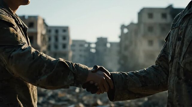 Soldiers shake hands amidst war torn city ruins at daytime