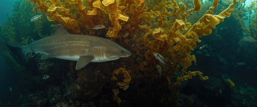 Simon's Town harbour's kelp forest with puffadder shyshark or happy Eddie, Haploblepharus edwardsii, False Bay, South Africa, Atlantic Ocean