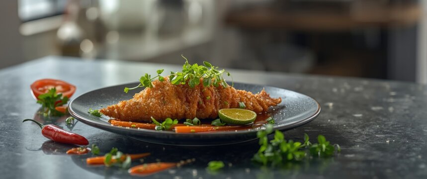 Crispy fried fish accompanied by cili, lime, and soya sauce on a background