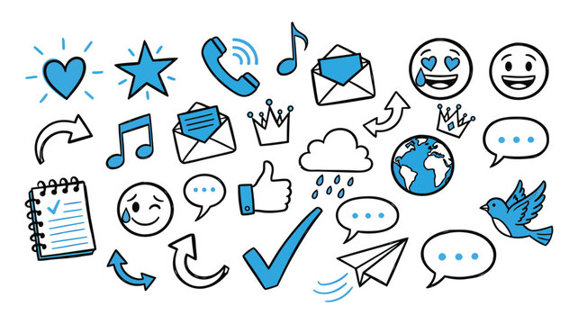 Emoji internet sketch icon set. Internet conversation, media outline tech emoji, star, arrow shape. Hand drawn sketch chat emoticon reaction