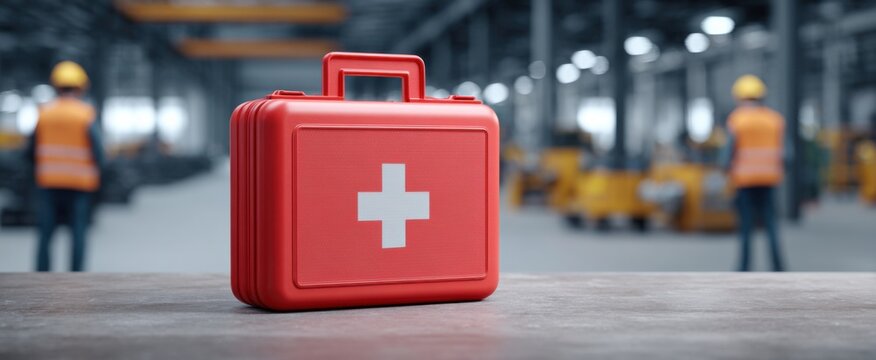 first aid kit on work table in factory with safety staff highlighting workplace safety and readiness