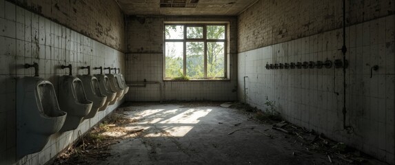 Obraz premium Deserted Mens Restroom Featuring Urinals at Duga Radar Control Center - Chernobyl Exclusion Zone, Ukraine