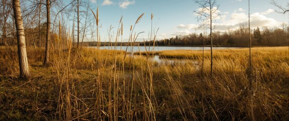 Obraz premium Wetland with dry yellow reeds, small trees, and autumn scenery including texture, water, and sky