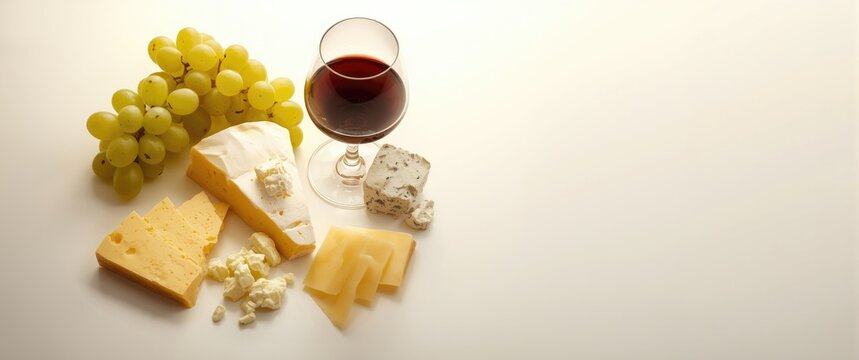 White background with Red wine, Maasdam cheese, Dorblu cheese, and green grapes displayed