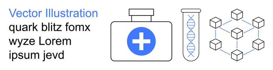 Obraz premium Healthcare, medical research, biotechnology, data science, genetic engineering, pharmaceutical innovation. Cross-labeled medicine bottle, DNA strand data network. Healthcare and biotechnology