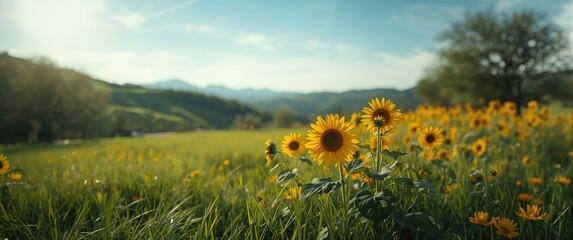 Fototapeta premium Background featuring Mexican sunflower, flower, summer, travel, nature, spring, landscape, forest, mountain, green