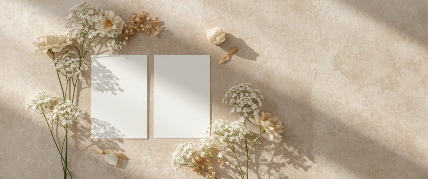 Mockup of two wedding invitation cards, front and back views, stylish blank card design