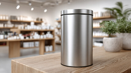 Sleek metal canister on wooden countertop in modern kitchen store