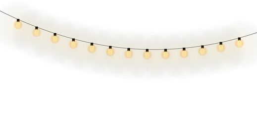 Bright glowing string lights garland with warm yellow orange illuminated bulbs, festive party decoration element, isolated on transparent background © Mehedi