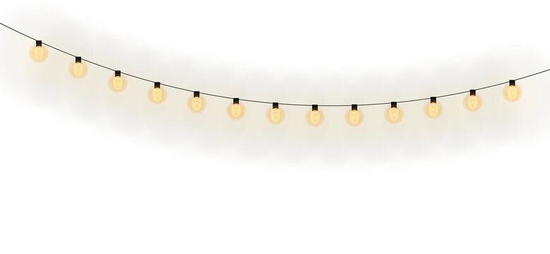 Bright glowing string lights garland with warm yellow orange illuminated bulbs, festive party decoration element, isolated on transparent background