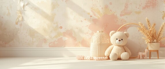 Soft pastel baby backdrop with teddy bear and cloud toy close to painted wall in room, perfect for greeting cards with room for your message