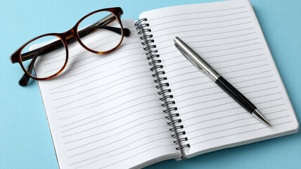 Open notebook with pen and eyeglasses on blue desk