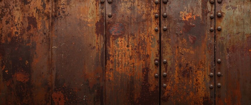 Industrial Style Background Featuring Rust Rivetin on Metal Brown Wall with Grunge Iron Texture