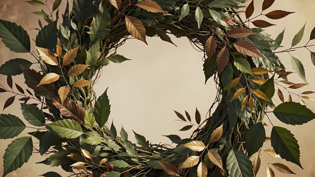 Decorative Leaf Wreath Frame - A beautifully crafted wreath of green and brown leaves arranged in a circular frame against a pale earthy background, creating a natural and elegant design element.