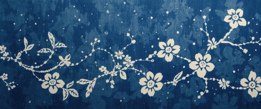 Seamless floral border in Katazome style using katagami stencil with Shibori dot arrangement forming a flower branch design