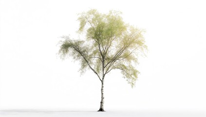 Obraz premium Silver birch specimen isolated against a plain white backdrop, highlighting bark and foliage details