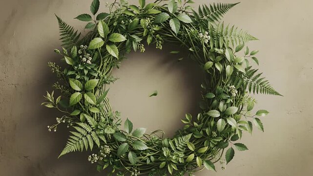 Green Leaf Wreath on Earthy Background - A circular wreath made of green leaves, ferns, and small white flowers sits against a pale earthy colored background, creating a natural and calming aesthetic.