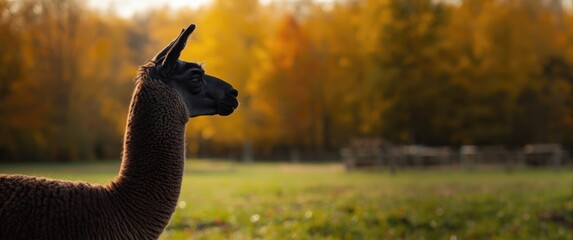 Obraz premium Fall season on farm featuring a dark brown Llama and autumn trees