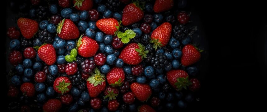 Close-up macro shot of freshly harvested cloudberries, blueberries, lingonberries, and strawberries from above