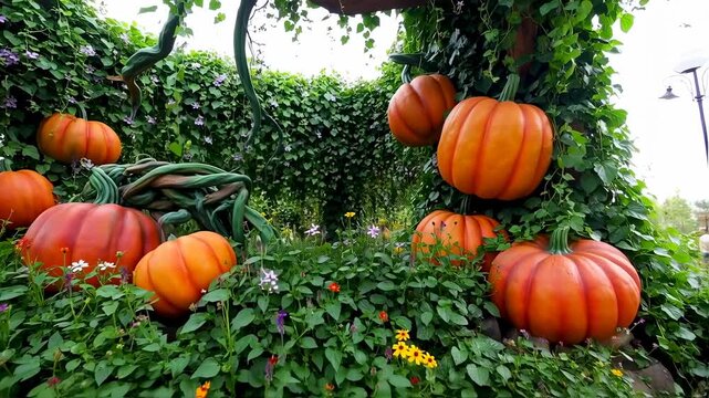Enchanting Pumpkin Display Amidst Lush Greenery for Autumnal Celebrations