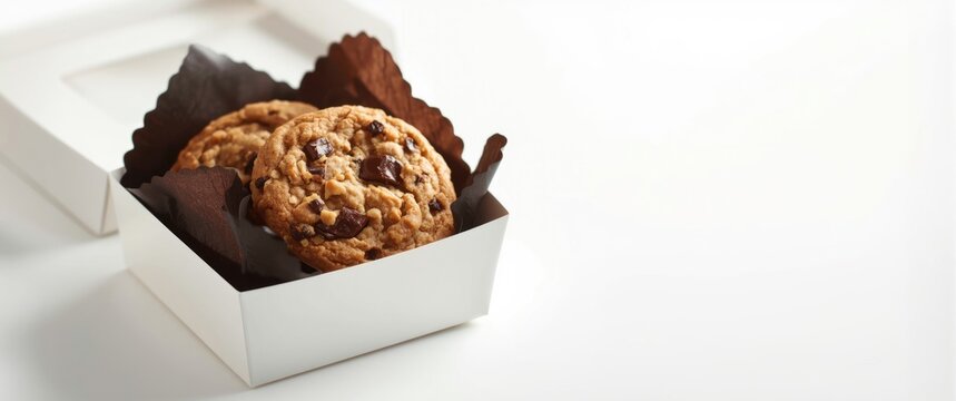 White background featuring oatmeal cookies with chocolate